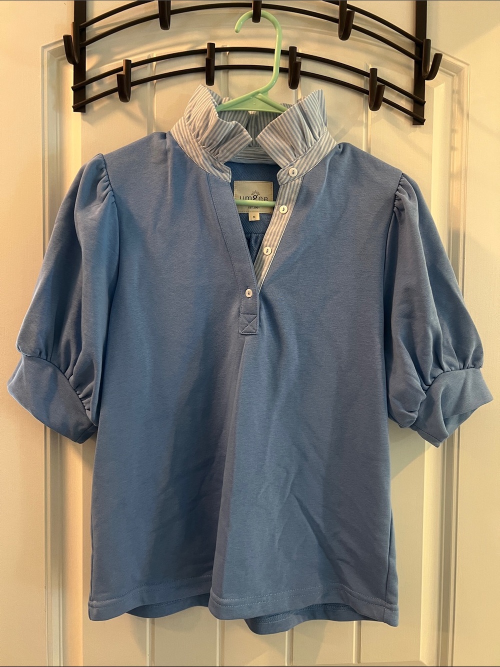 Umgee Light Blue Puff Sleeve Polo Top with Striped Collar